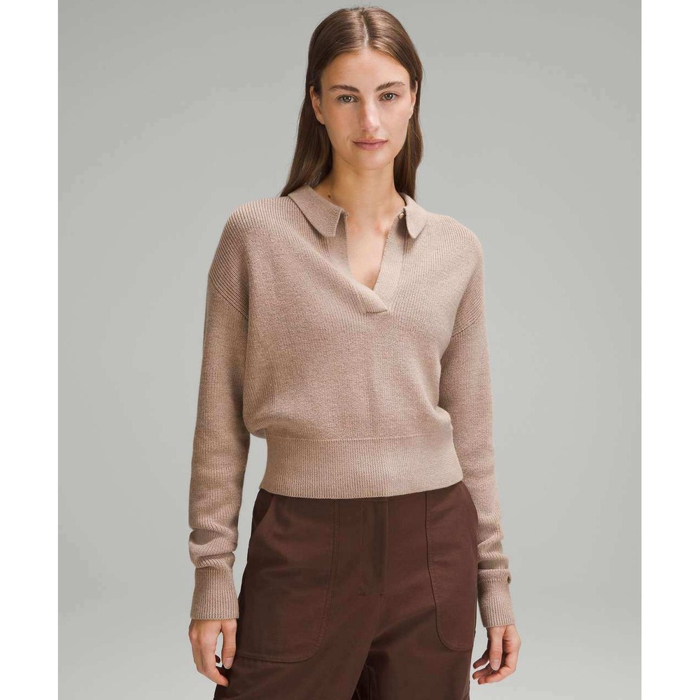 Lululemon Merino Wool-Blend Ribbed Polo Sweater XL Tan Neutral Preppy